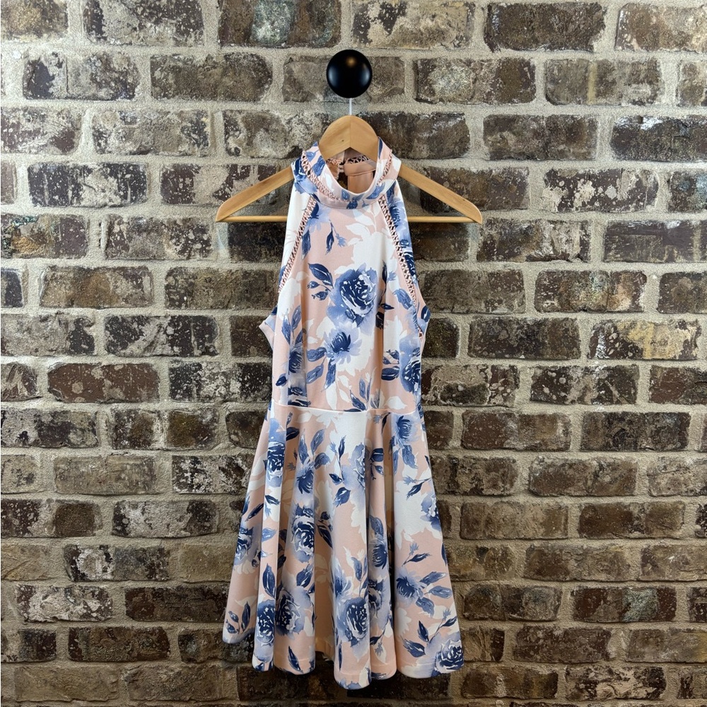 B.Darlin Floral Halter Dress in Peachy Pink and Blue Juniors Sz 5/6